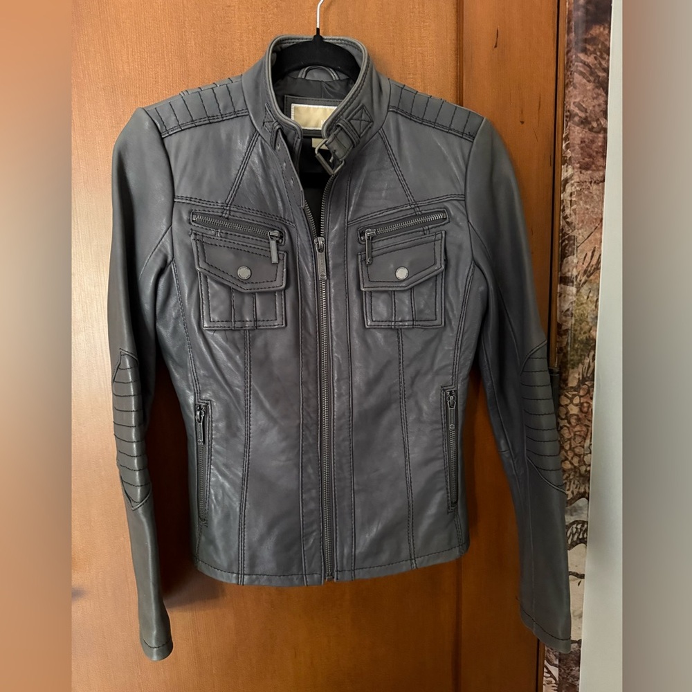 ⚜️ MICHAEL KORS GRAY MOTO LEATHER JACKET FITTED ZIP FRONT SIZE XS ⚜️